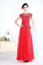 Scoop Sleeveless Organza Floor Length Zipper Prom Dress in Coral Red for with Beading