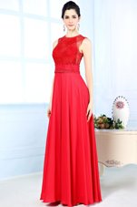 Floor Length Red Prom Evening Gown Scoop Sleeveless Zipper