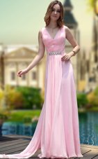 Pink Zipper V-neck Beading Chiffon Sleeveless