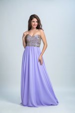 With Train Lavender Dress for Prom Chiffon Brush Train Sleeveless Beading