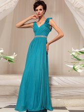 Charming Teal Chiffon Side Zipper Prom Dresses Sleeveless Floor Length Ruffles
