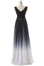 Black V-neck Lace Up Ruching and Belt Prom Dresses Sleeveless