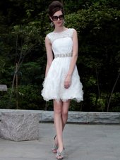 Hot Sale White Scoop Neckline Beading and Belt Teens Party Dress Sleeveless Zipper