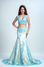 Mermaid Blue And White V-neck Zipper Beading and Pattern Prom Gown Brush Train Sleeveless