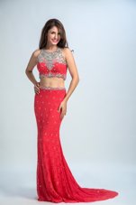 Mermaid Scoop Coral Red Chiffon Zipper Prom Evening Gown Sleeveless With Brush Train Beading