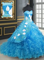 Embroidery and Ruffled Layers Ball Gown Prom Dress Baby Blue Lace Up Sleeveless With Brush Train
