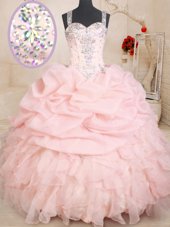 Custom Design Baby Pink Ball Gown Prom Dress Military Ball and Sweet 16 and Quinceanera and For with Beading and Ruffles and Pick Ups Straps Sleeveless Zipper