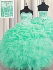 Sleeveless Floor Length Beading and Ruffles and Pick Ups Lace Up Quinceanera Gowns with Apple Green