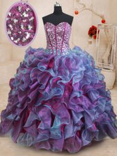 Fancy Multi-color Ball Gowns Beading and Ruffles 15th Birthday Dress Lace Up Tulle Sleeveless Floor Length