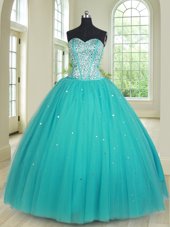 Chic Beading 15th Birthday Dress Aqua Blue Lace Up Sleeveless Floor Length