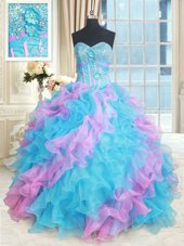 Smart Multi-color Ball Gowns Beading and Appliques and Ruffles Quinceanera Gowns Lace Up Organza Sleeveless Floor Length