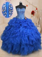 Sweetheart Sleeveless Organza Quinceanera Dress Beading and Ruffles Lace Up