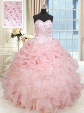 High Quality Sleeveless Floor Length Beading and Ruffles and Pick Ups Lace Up Quinceanera Gown with Baby Pink