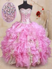 Noble Floor Length Lilac Quinceanera Dress Organza Sleeveless Beading and Ruffles and Sequins
