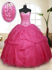 Fashion Tulle Sweetheart Sleeveless Lace Up Beading and Ruffles and Sequins Sweet 16 Quinceanera Dress in Hot Pink