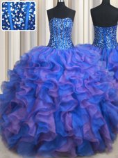 Blue and Purple Sleeveless Organza Lace Up Quince Ball Gowns for Military Ball and Sweet 16 and Quinceanera
