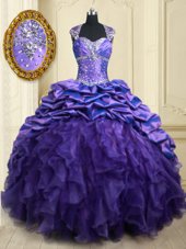 Spectacular Straps Straps Cap Sleeves Brush Train Lace Up Beading and Ruffles and Pick Ups Quinceanera Gowns