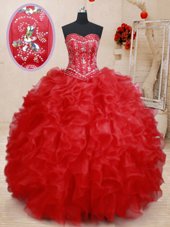 Artistic Sleeveless Organza Floor Length Lace Up 15th Birthday Dress in Red for with Beading and Ruffles