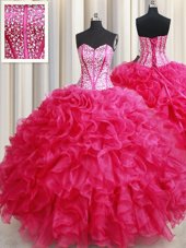 Sweetheart Sleeveless 15th Birthday Dress Floor Length Beading and Ruffles Hot Pink Organza