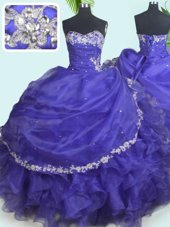 Purple Ball Gowns Sweetheart Sleeveless Organza Floor Length Lace Up Beading and Appliques Quince Ball Gowns