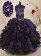 Fashion Black And Purple Ball Gowns Organza Strapless Sleeveless Beading and Ruffles Floor Length Lace Up Quinceanera Dress