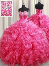 Top Selling Hot Pink Sweetheart Neckline Beading and Ruffles Quinceanera Dresses Sleeveless Lace Up
