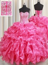 Latest Beading and Ruffles 15th Birthday Dress Hot Pink Lace Up Sleeveless Floor Length