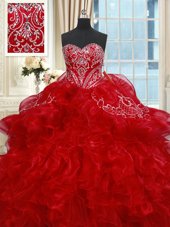 Red Ball Gowns Sweetheart Sleeveless Organza Floor Length Lace Up Beading and Ruffles Quince Ball Gowns