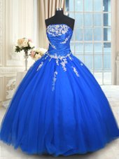 Strapless Sleeveless Lace Up Quinceanera Dresses Blue Tulle