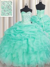 Romantic Apple Green Organza Lace Up Quince Ball Gowns Sleeveless Floor Length Beading and Ruffles and Pick Ups