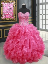 Stunning Sequins Ball Gowns Quinceanera Dress Hot Pink Sweetheart Organza Sleeveless Floor Length Lace Up