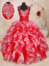 Suitable Floor Length Lace Up 15th Birthday Dress Red and In for Military Ball and Sweet 16 and Quinceanera with Beading and Appliques