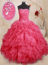 Floor Length Coral Red 15th Birthday Dress Organza Sleeveless Beading and Ruffles