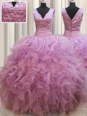 Sleeveless Organza Floor Length Lace Up Sweet 16 Dresses in Lilac for with Beading