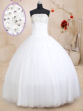 Fantastic Ball Gowns Sweet 16 Dresses White Strapless Tulle Sleeveless Floor Length Lace Up
