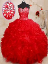 Edgy Red Sleeveless Floor Length Beading and Ruffles Lace Up Quinceanera Gowns
