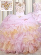 Suitable Scoop With Train Pink Sweet 16 Dress Organza Court Train Sleeveless Beading and Ruffles and Pick Ups