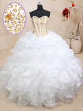 High Class White Lace Up Quinceanera Dresses Beading and Ruffles Sleeveless Floor Length