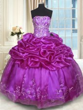 High Quality Pick Ups Floor Length Ball Gowns Sleeveless Eggplant Purple Quince Ball Gowns Lace Up