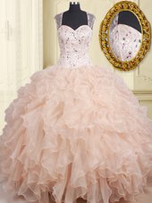 Straps Straps Pink Cap Sleeves Floor Length Beading and Ruffles Zipper Vestidos de Quinceanera
