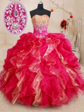 Latest Red Sweetheart Neckline Beading and Ruffles 15th Birthday Dress Sleeveless Lace Up