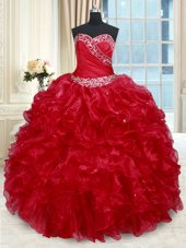 Sweetheart Sleeveless Quince Ball Gowns Floor Length Beading and Ruffles Red Organza