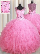 Modest Straps Straps Floor Length Ball Gowns Sleeveless Rose Pink 15 Quinceanera Dress Zipper