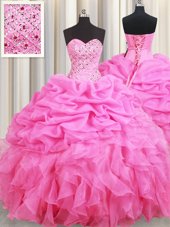 Sleeveless Organza Floor Length Lace Up Ball Gown Prom Dress in Rose Pink for with Beading and Ruffles and Pick Ups