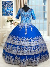 Half Sleeves Satin Floor Length Zipper Sweet 16 Dresses in Royal Blue for with Beading and Lace and Ruffled Layers