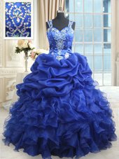 Royal Blue Ball Gowns Organza Straps Sleeveless Beading and Ruffles and Pick Ups Floor Length Zipper Quince Ball Gowns