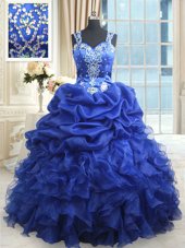 Royal Blue Ball Gowns Organza Straps Sleeveless Beading and Ruffles and Pick Ups Floor Length Zipper Quince Ball Gowns