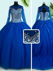 Scoop Royal Blue Lace Up Quinceanera Gowns Beading Long Sleeves With Brush Train