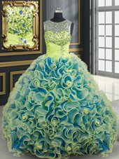 Edgy Scoop See Through Fabric with Rolling Flowers Yellow Green Lace Up Sweet 16 Quinceanera Dress Beading and Sequins Sleeveless Brush Train