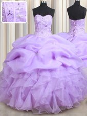 Lavender Sweetheart Lace Up Beading and Ruffles and Pick Ups Sweet 16 Dresses Sleeveless